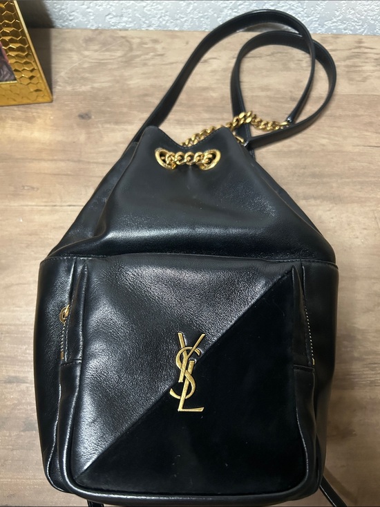 Saint Laurent Handbags - Saint Laurent Black Leather Drawstring Backpack with Gold Hardware